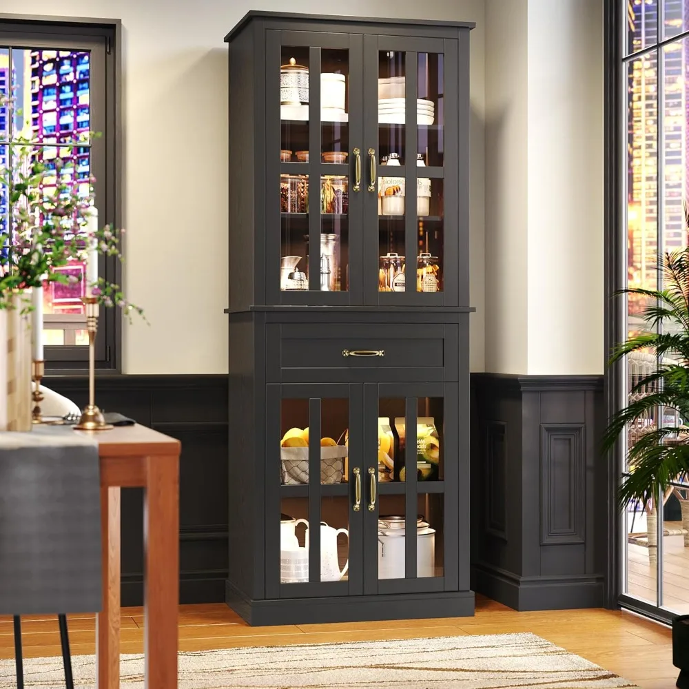 高さ71インチのガラス扉と引き出し付きキッチンキャビネット、調節可能な棚付き自立型パントリー