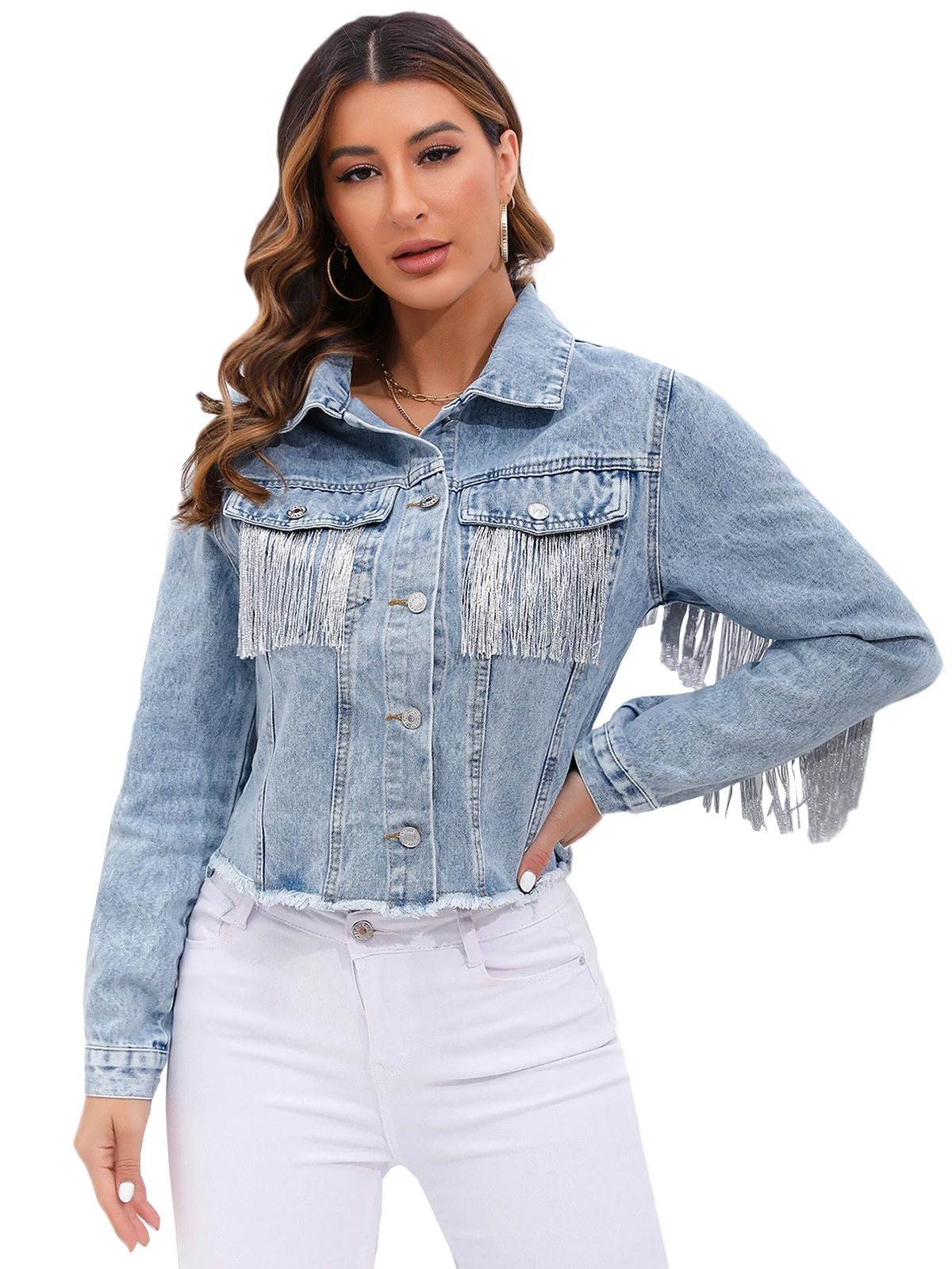 FTLZZ Women Denim Jacket Casual Lady Tassels Single Breasted Denim Coat High Street Denim Outwear