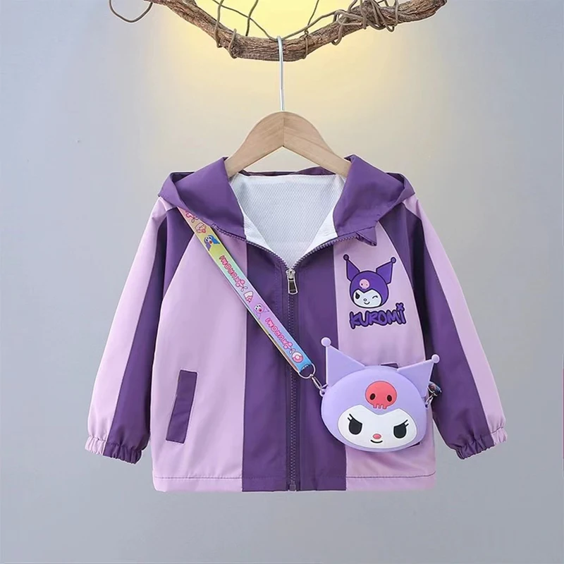 

Детская куртка с капюшоном, демисезонная ветровка в стиле пэчворк Sanrio Kuromi для маленьких девочек, детская модная верхняя одежда, 2024