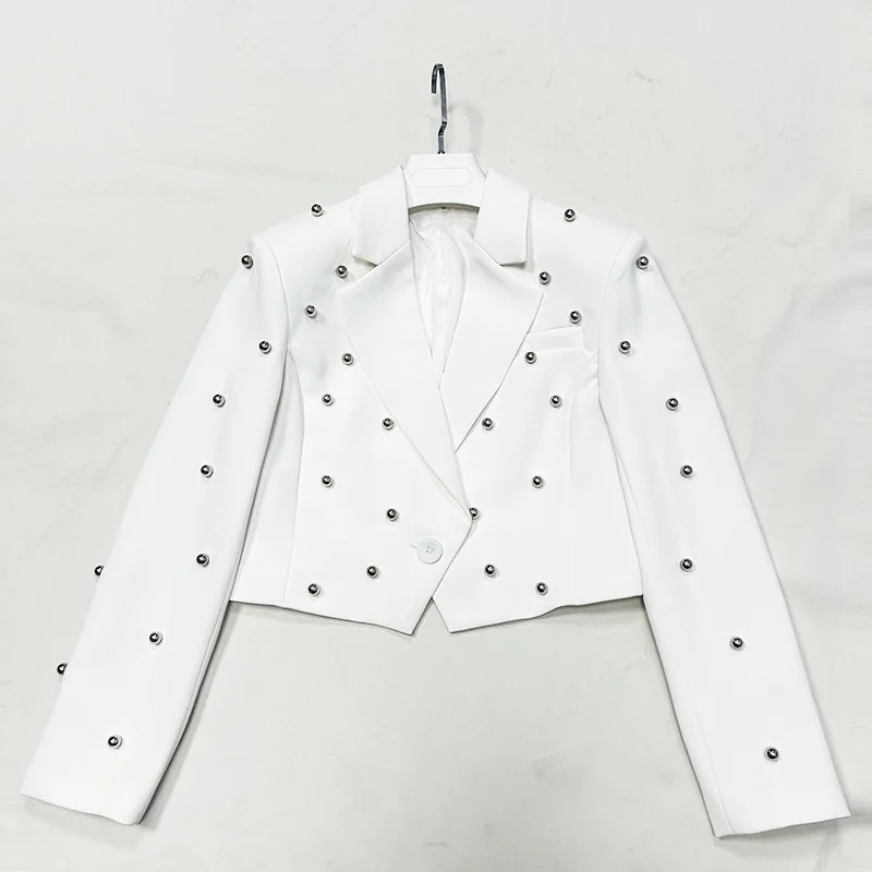 2024 New Fall Fashion Handmade Nail Beaded Long Sleeve Slim Short White Short Coat Jacket Suit Festival Outfit Women