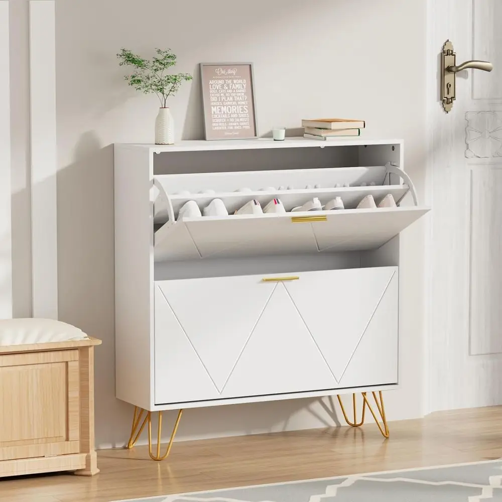 

Slim White Shoe Storage Cabinet with Metal Handle and Legs for Entryway and Hallway