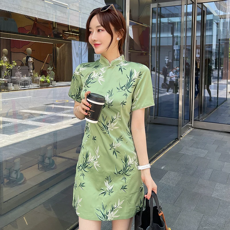 

Новое китайское платье-ципао в стиле ретро с цветочным принтом, коротким рукавом, для повседневной носки, улучшенная версия, SZOZYA, европейская и американская мода