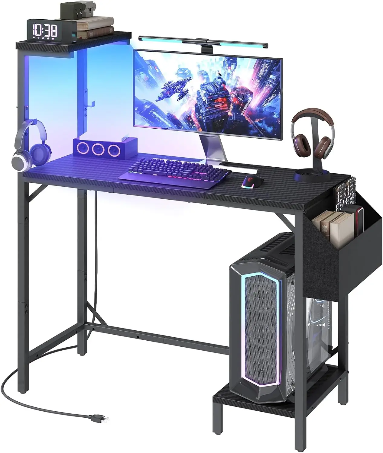 

Gaming Desk, Computer Desk with Charging Station and LED Light, Small PC Desk with Side Storage Bag