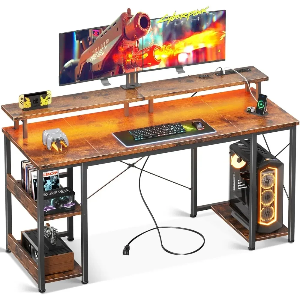 

55 inch Gaming Desk with LED Lights & Power Outlets, Computer Desk with Monitor Stand & Storage Sheves, Home Office Desk