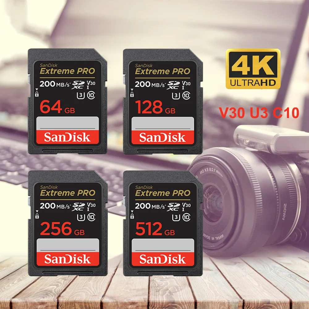 SanDisk Extreme PRO SD-карта 32 ГБ SDHC UHS-I 64 ГБ Флэш-карта 128 ГБ Карта памяти 256 ГБ 512 ГБ SD-карта Макс. 200 МБ/с для видео 4K UHD