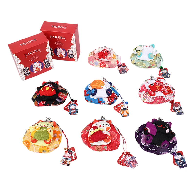 Casual Japanese Style Maneki Neko Coin Purse Doll Wallets Lucky Cat Clutch Bag Flower Printing PU Card Holder Outdoor