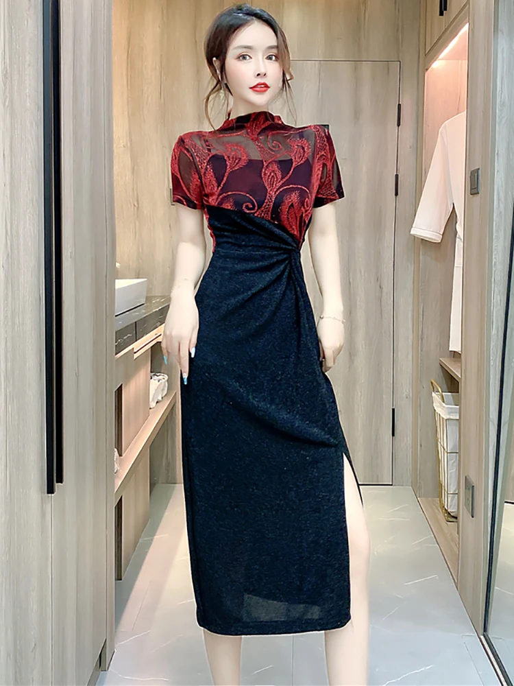 Été noir patchwork rouge imprimé pure sexy robe longue femmes vintage robe de luxe robe 2025 coréen élégant moulante robe de soirée