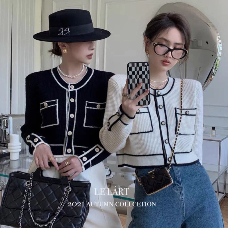 

Women Fall Knitted Cardigan Contrast Color Sweater Coat Retro Short Round Neck Double Poackets Single-breasted Thread Crop Tops