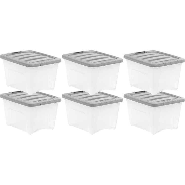 19 Quart Stackable Plastic Storage Bins with Latching Lids- Clear/ Grey- Pack of 6