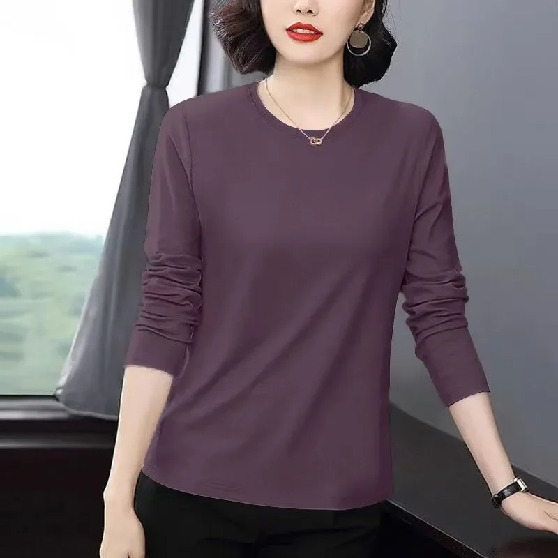 Womens Crew Neck Long Sleeve Cotton T Shirt Solid Color Plus Size Slim Base Top For Middle Aged Mom