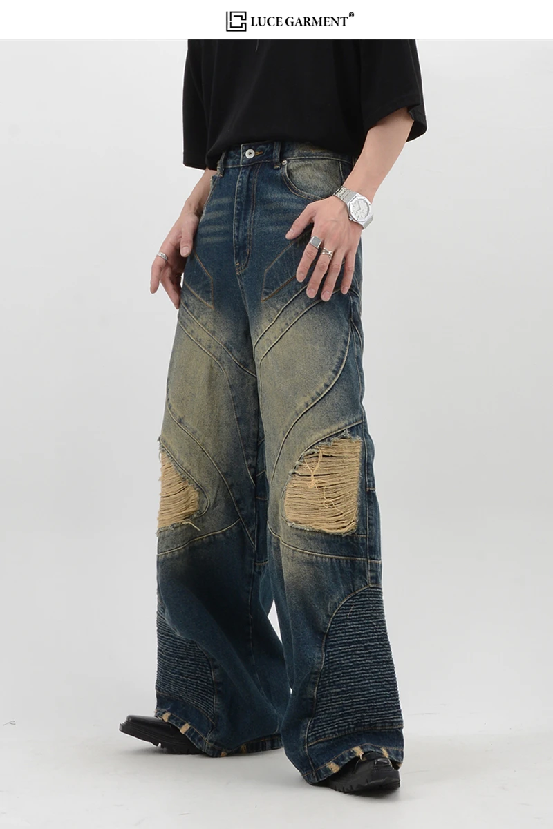 Schwere Vintage Wasch jeans zerrissen drei dimensionale gerade Hosen geschnitten Männer