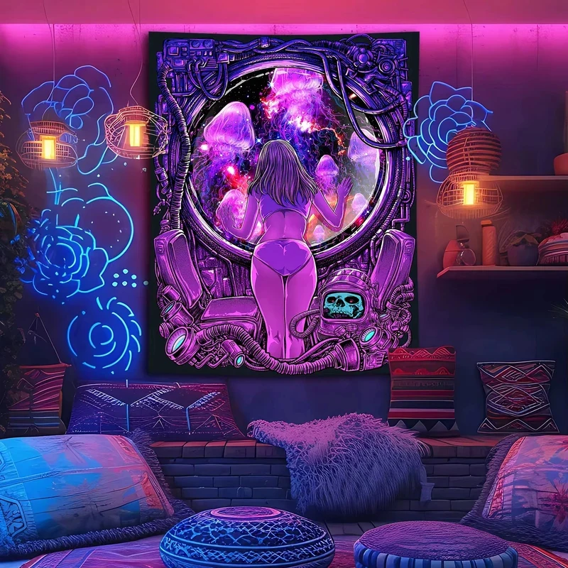 VIKAMA Psychedelic Cyberpunk Tapestry Purple Space Jellyfish Girl Mechanical Skull Print UV Blacklight Wall Hanging Decor Cloth