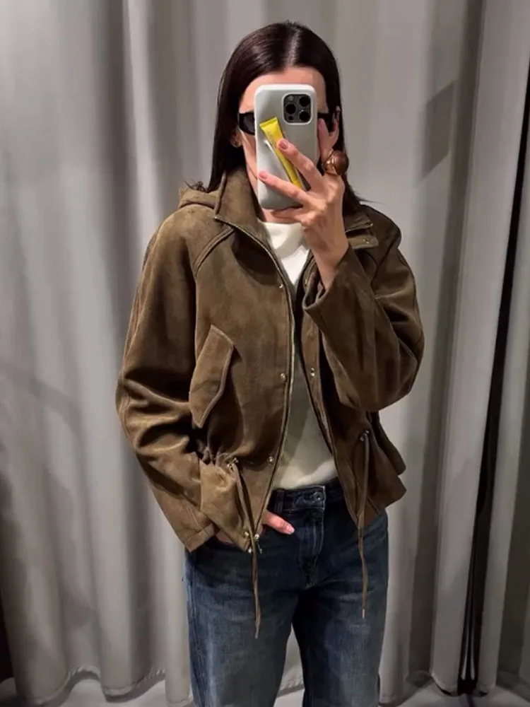 

HH Женская модная уличная куртка с капюшоном Женская осенняя однобортная куртка с длинными рукавами и карманом на молнии с украшением на высокой шее и веревкой