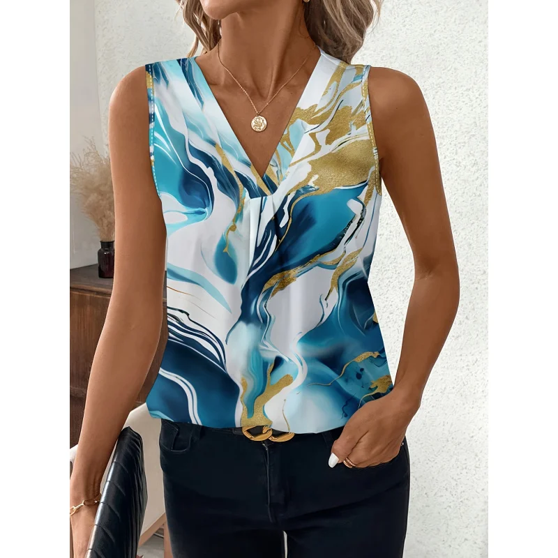 Elegant Sleeveless Blouse Women, Featuring a Golden Wave Print, Summer