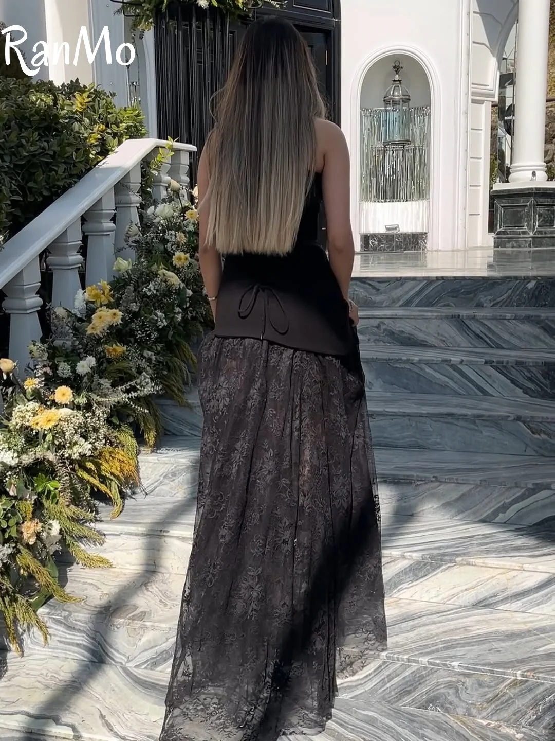 Ranmo-vestidos de graduación negros personalizados para cumpleaños, vestidos de noche árabes saudíes de Dubái, encaje hasta el suelo, sin mangas, fiesta Formal para mujer