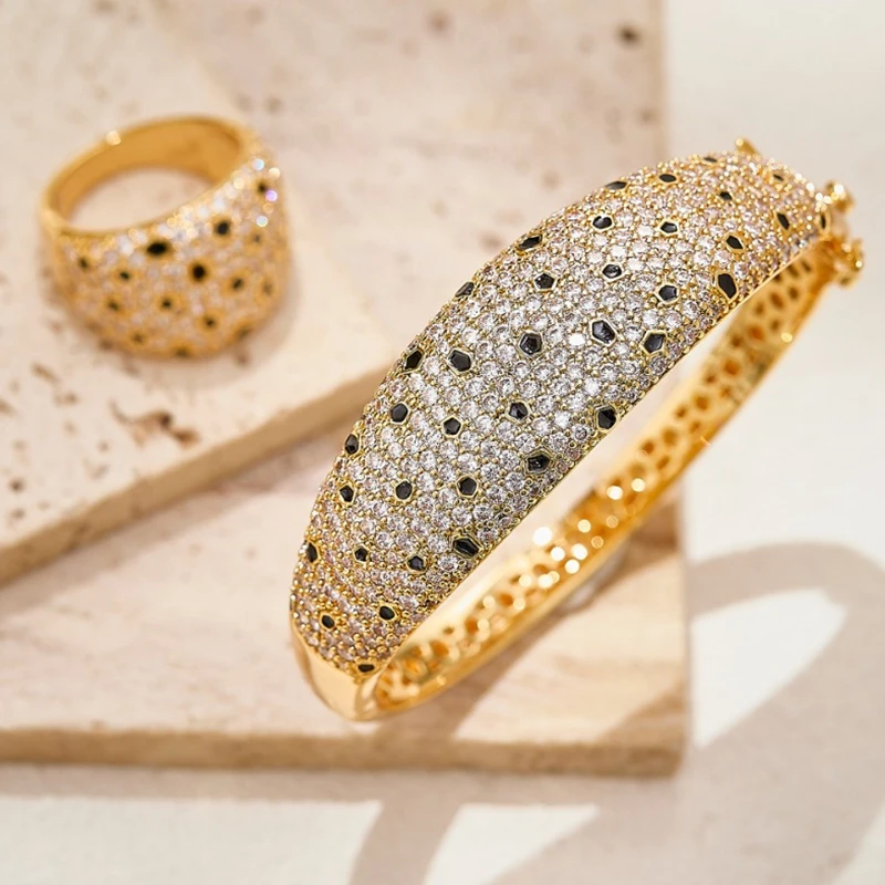 

Ayjewelry New Trendy Black Enamel Zircon Stone Leopard Print Bangle Bracelet Rings 18K Gold Plated Panther Jewelry Set Wholesale