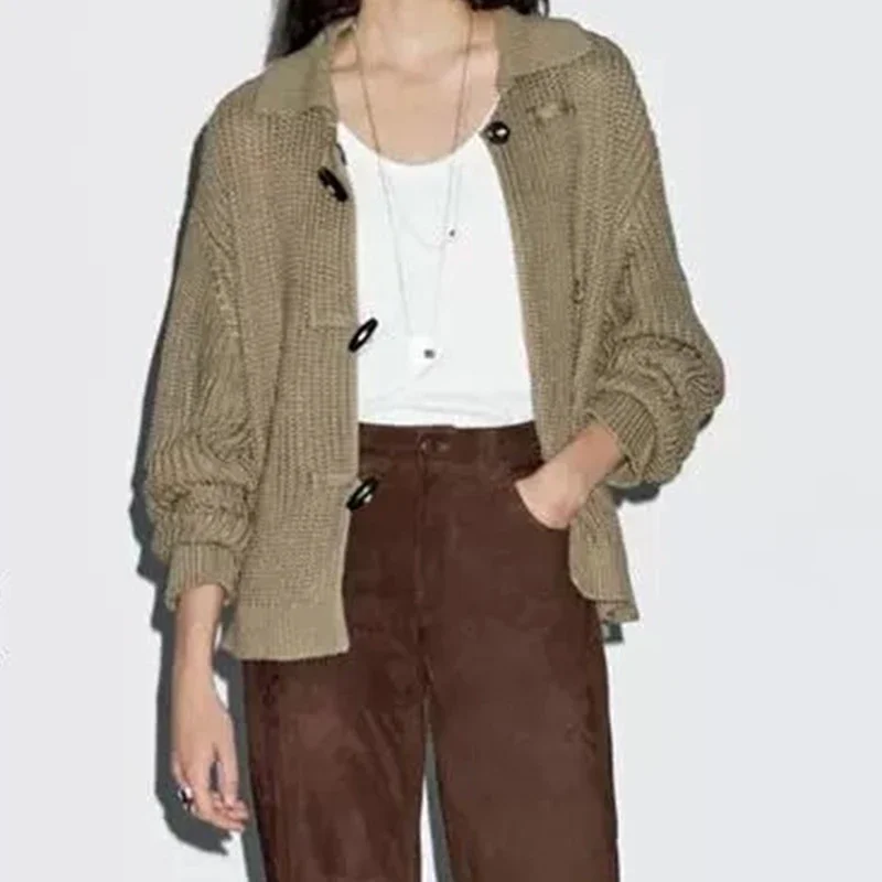 

Simple Style Knitted Sweater Long Sleeves Fashion Turn-Down Collar Office Lady Tops Autumn Warm Streetwear