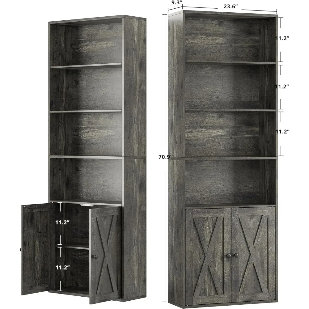 Bookshelves with Doors Set of 2 Floor Standing 6 Shelf Display Storage Shelves 70 in, Home Office, Living Room Bookcas