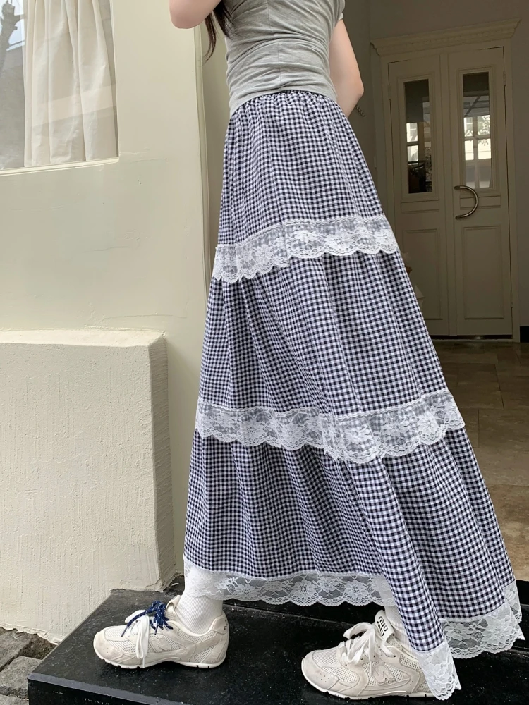 Midi Long Skirt Women Crochet Lace Skirt 2025 Japan Style Lolita Spring Summer High Waist High Low Ruched Lace Plaid Skirts rok