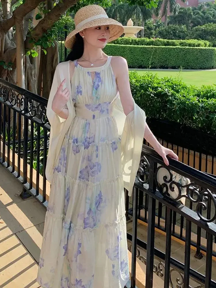 프랑스 스타일 여성 드레스 우아한 꽃 인쇄 홀터넥 오프 어깨 민소매 긴 드레스 부드러운 Vestidos Femme