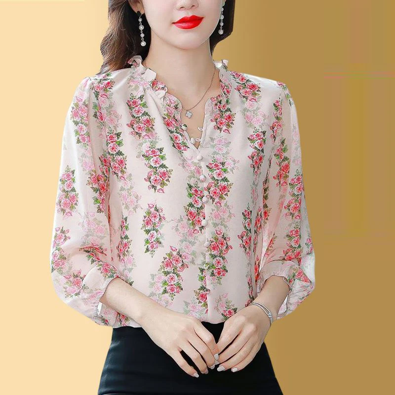 Women Ruffle Floral Print Elegant Blouses Spring Autumn Vintage Long Sleeve Shirts Chic Loose Chiffon Tops Blusa Mujer Moda 2023