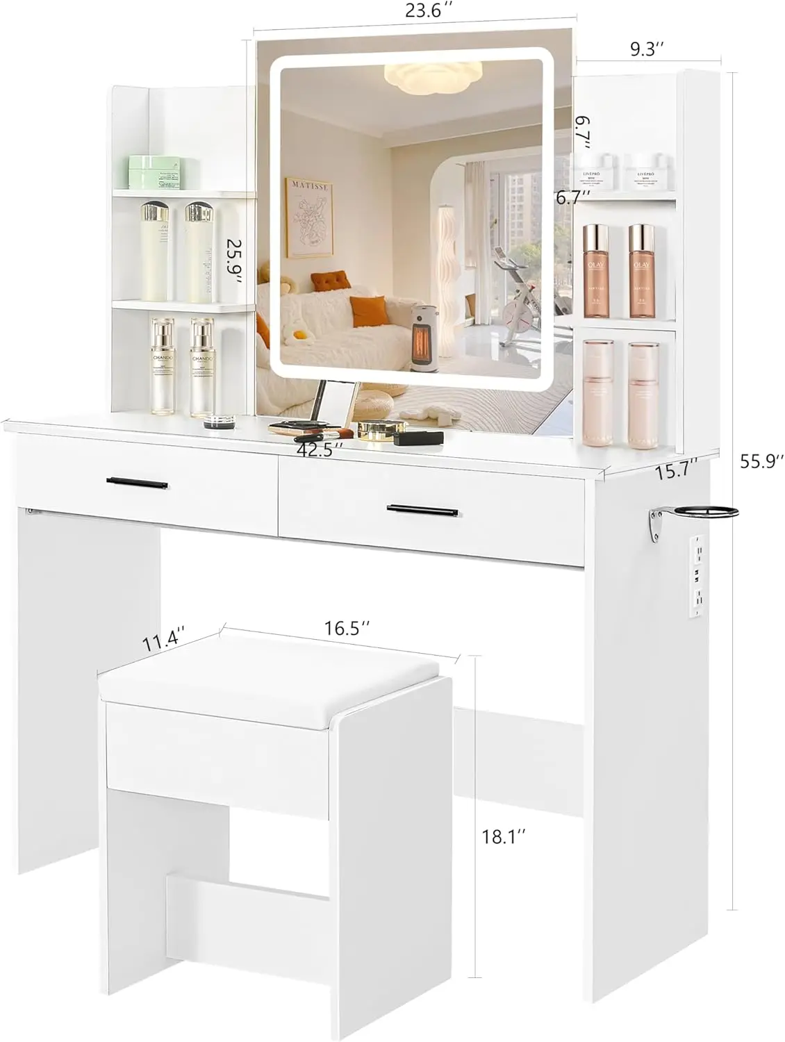 

Makeup Vanity Desk with Mirror and Lights, Makeup Table with 2 Large Drawers, 3 Color Modes Adjustable Bulb, Power Outlet