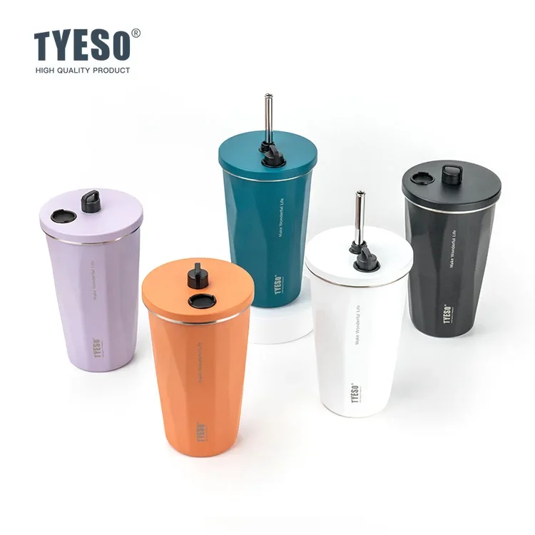 Tyeso 600ml Portable Coffee Cup Vacuum Flask Stainless Steel With Retractable Mounted Straw Keep Cold Hot Car Thermos Mug Bottle