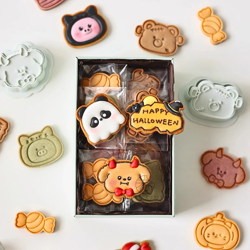 8Pcs/Set Halloween Cookie Mold Animals Witch Pumpkin Bear Shape Icing Cookie Cutters And Stamps DIY Cake Tools For Decoration