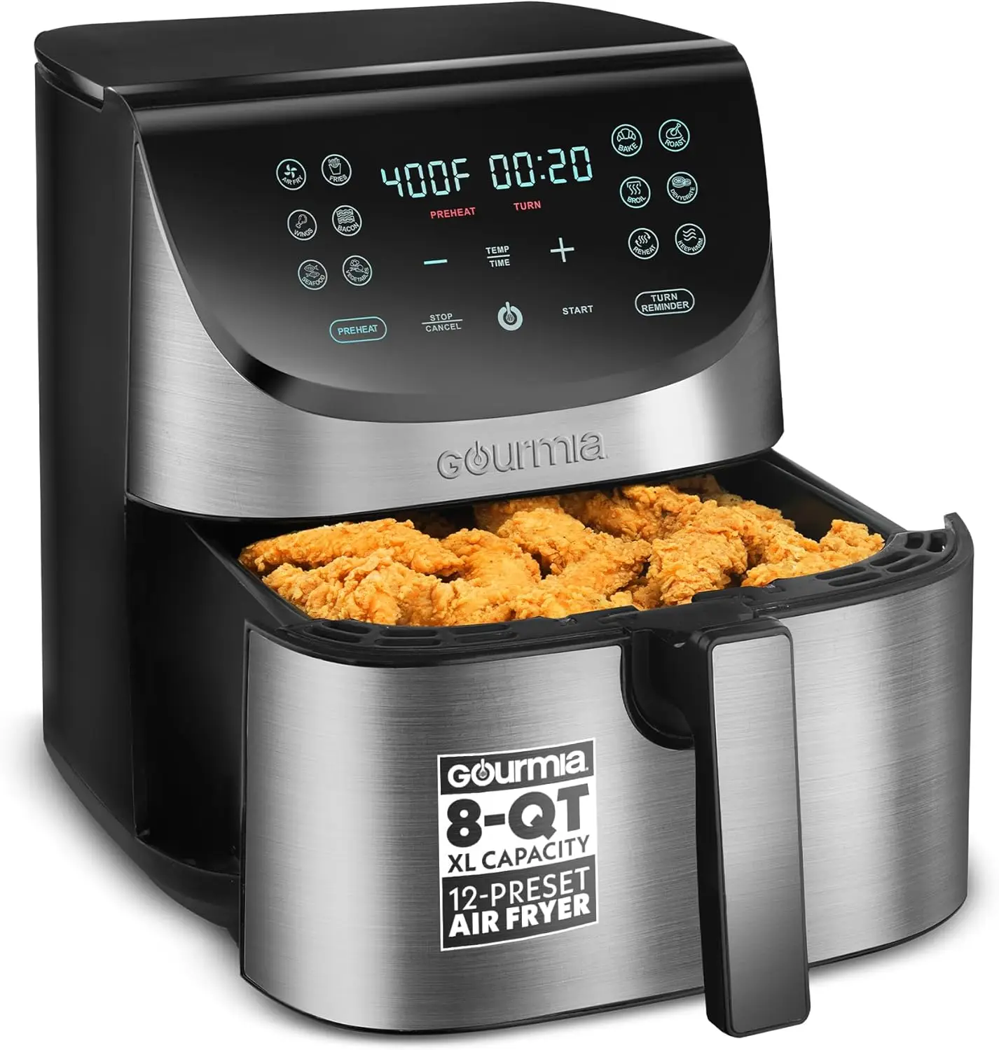 

8 Qt Air Fryer with 360º Circulation, Digital Display, 12 Presets, Roast Bake Broil Dehydrate, Dishwasher Safe Accessories