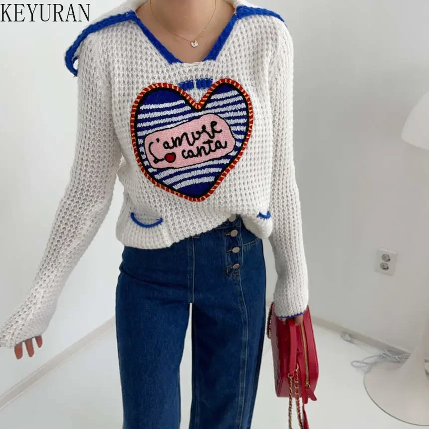 2024 Autumn Winter Sailor Collar Pullover Sweater Women Korean Fashion Long Sleeve Love Striped Knitted Sweaters Woman Jumper