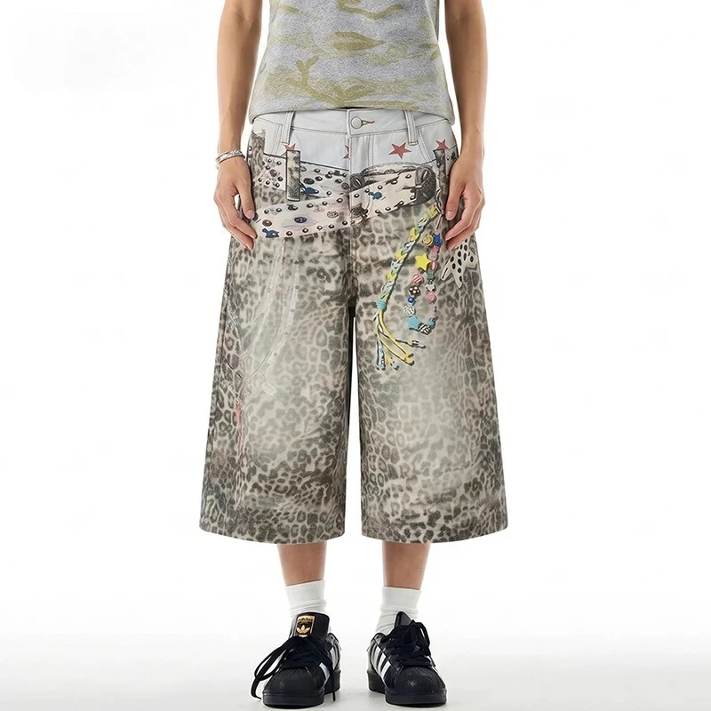 High End Men's Denim Culottes Shorts European Casual Leopard Print Graffiti Design Streetwear Bottoms Summer New