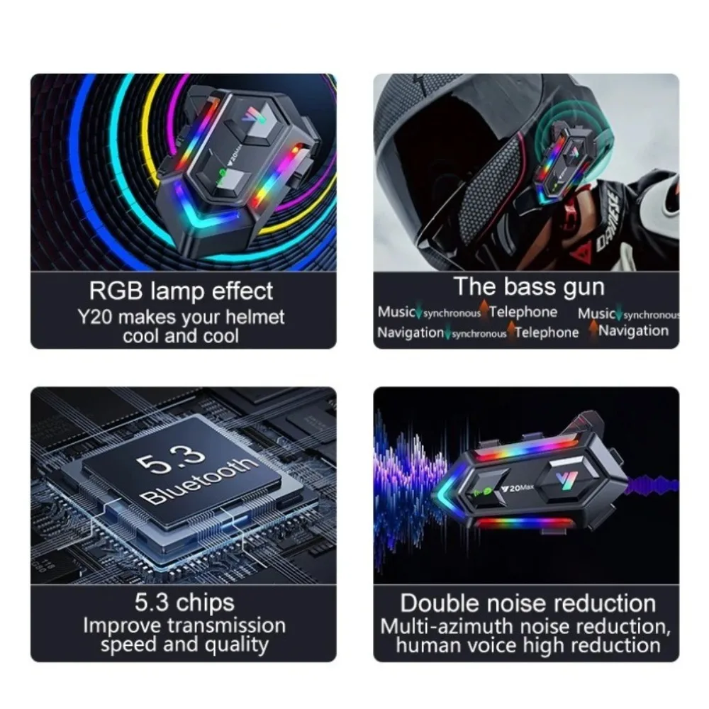Y20 Max Motorcycle Helmet Bluetooth Intercom 300M 2 Riders Interphone BT5.3 RGB Light Waterproof Headset For Full Half Helmet