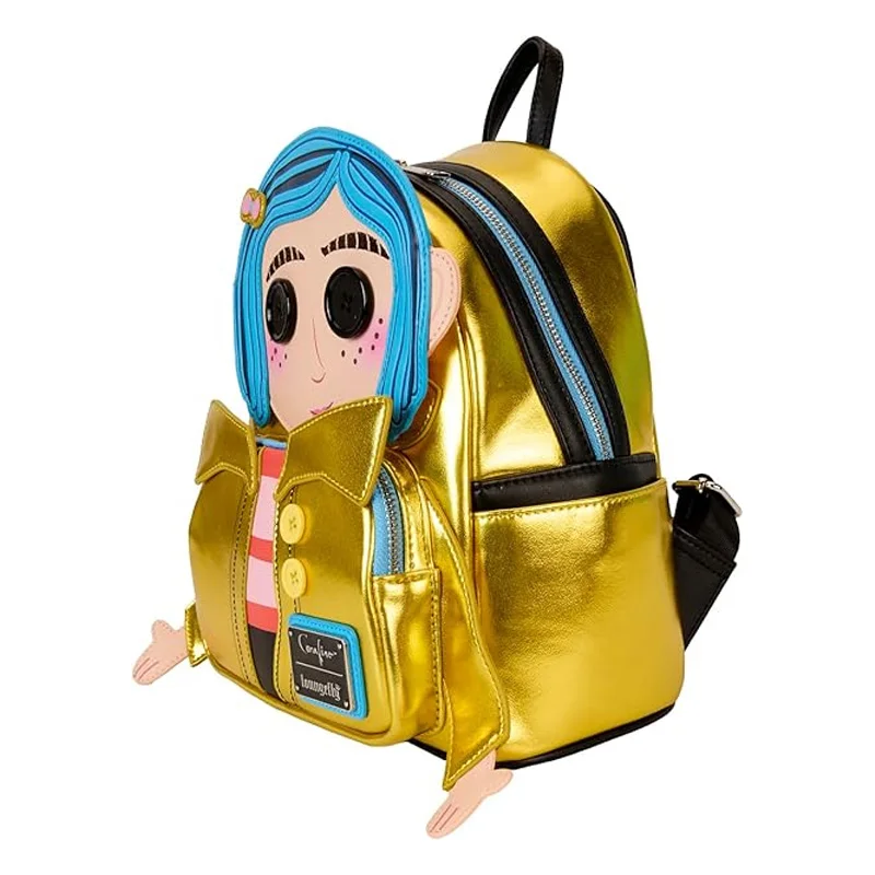 Fantasma mãe caroline amarelo capa de chuva botão olho mochila grande capacidade leve confortável estudante mochila presentes do dia das bruxas