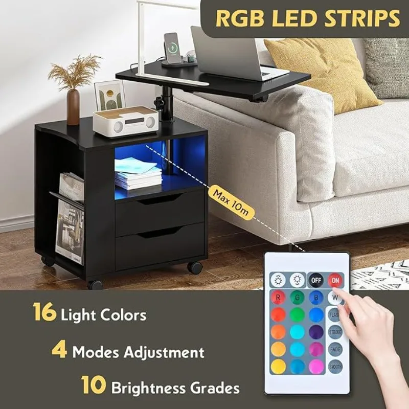 Bedroom can be lifted and lowered 360 ° rotating bedside table including pumping space and LED light power socket
