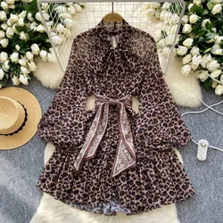 Elegant Bandage Vintage Long Lantern Sleeve Chic Leopard Slim Mesh Short A-line Dress French Evening High Street Autumn Clothing