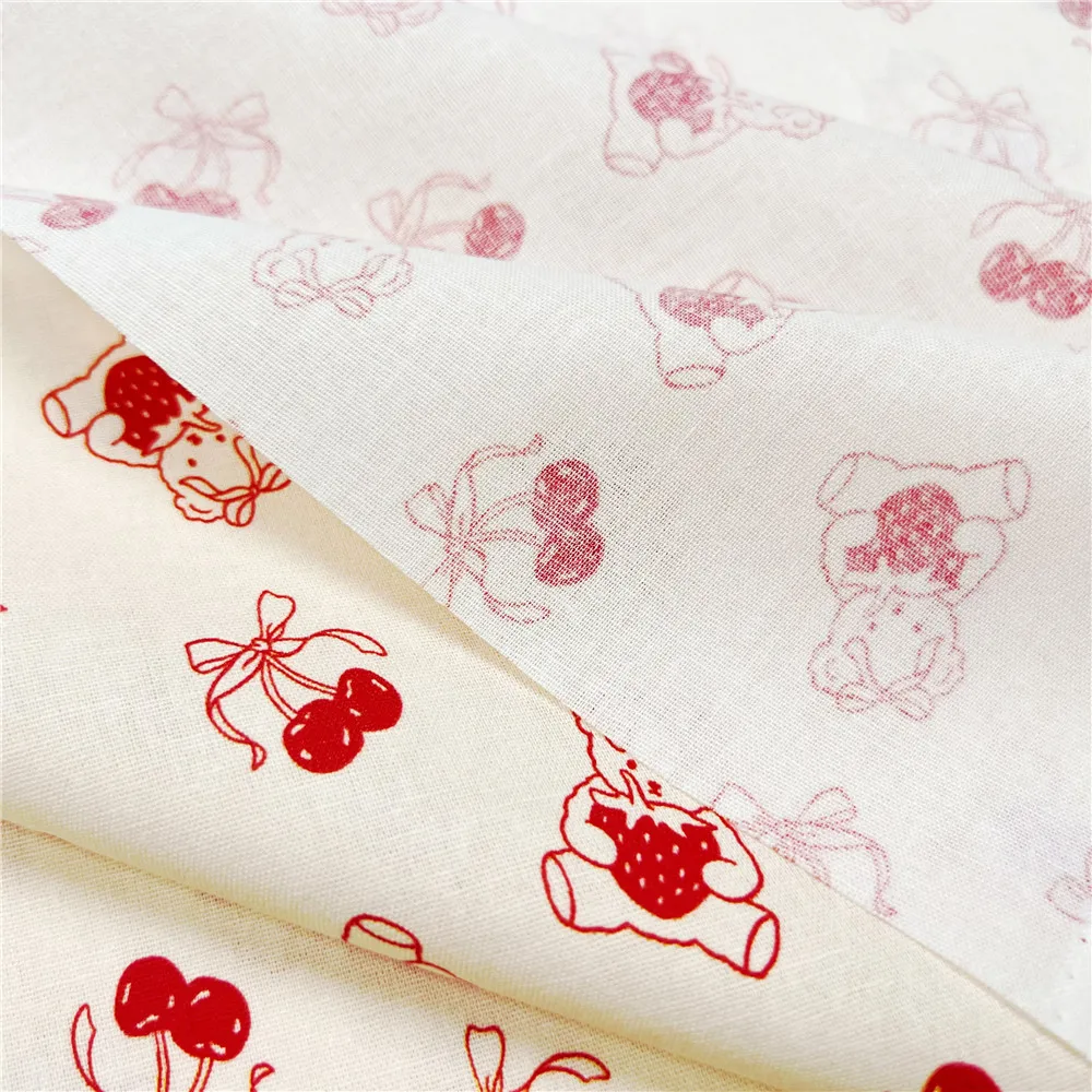 Cream base cherry strawberry bear Cotton Fabric for Kids Clothes Home Textile Slipcover Sewing Quilting DIY Needlework Material