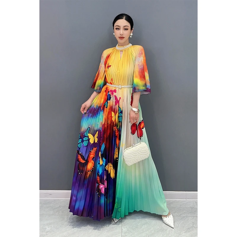 Vefadisa 2025 Summer New Hundred Pleated Printed Dress Heavy Industry Diamond Butterfly Flower Elegant Ladies Dress WXY129F1