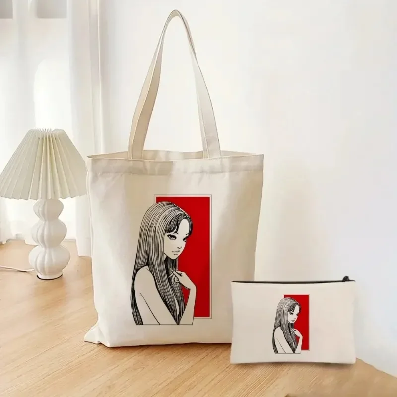 Fashion 2pcs/set Junji Ito Anime Ladies Handbag Cosmetic Bag Tomie Canvas Shoulder Eco Large Capacity Shopping Bag Wallet