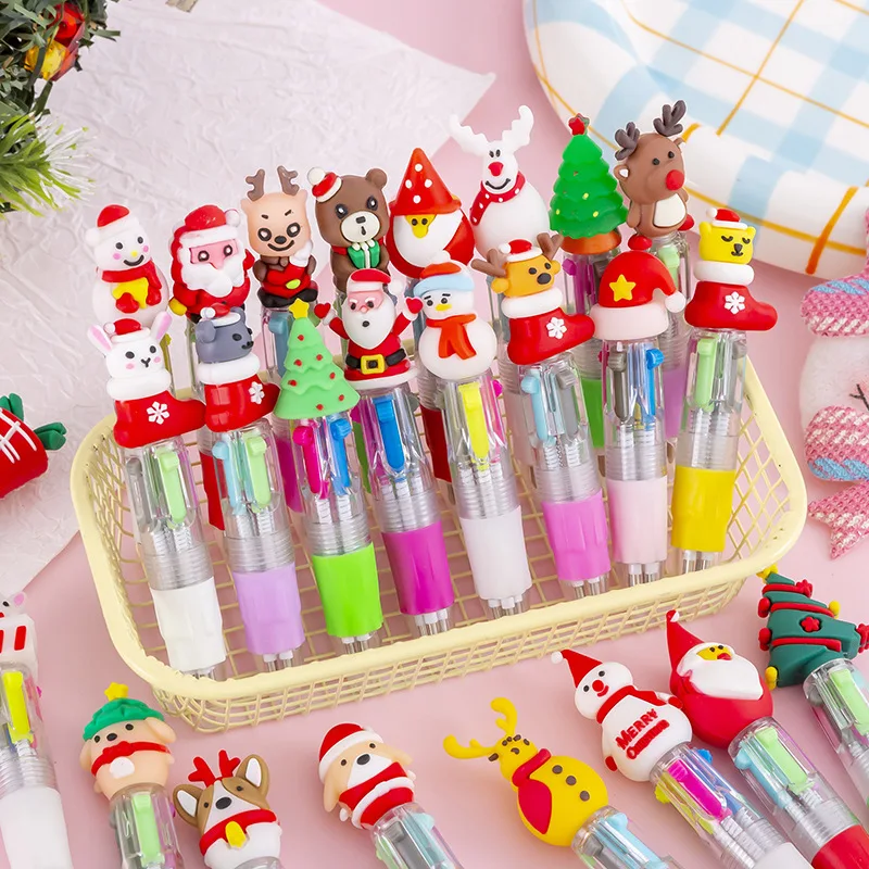 Mini stylo à bille de Noël Kawaii, stylos multicolores de dessin animé mignon, 4 documents, écriture scolaire pour enfants, fournitures de