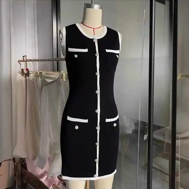 Ele Knitted ort Dr Pearl Button Svel Vest High Waist A-Line Summer Dr for Women in Their Late Twenties