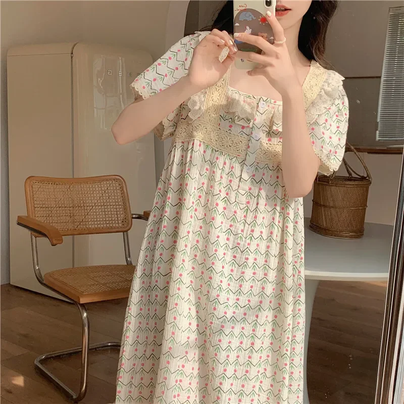 Lace Loose Soft Home Short Sleeve Summer Korean Style NightDress Women Print Kawaii Ethnic style Ins Elegant Casual Sleepwear