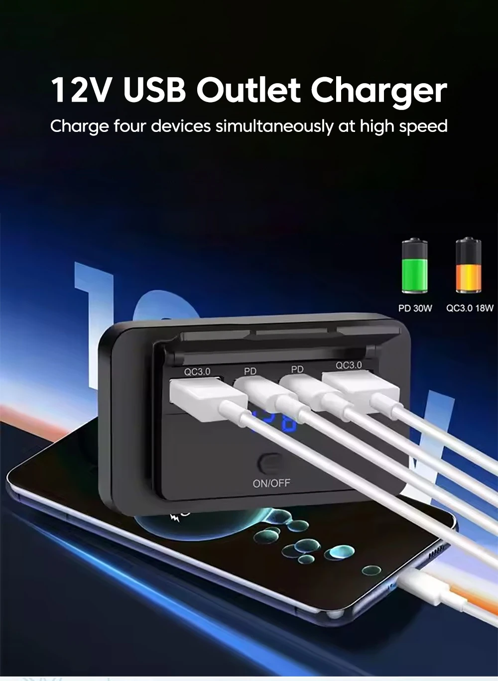 4-Port PD QC3.0 Auto-USB-Ladebuchse 12V 24V Digital-Voltmeter Schnelllade-Steckdose mit Schalter für Fahrzeug, Wohnmobil, Boot – Detail 1