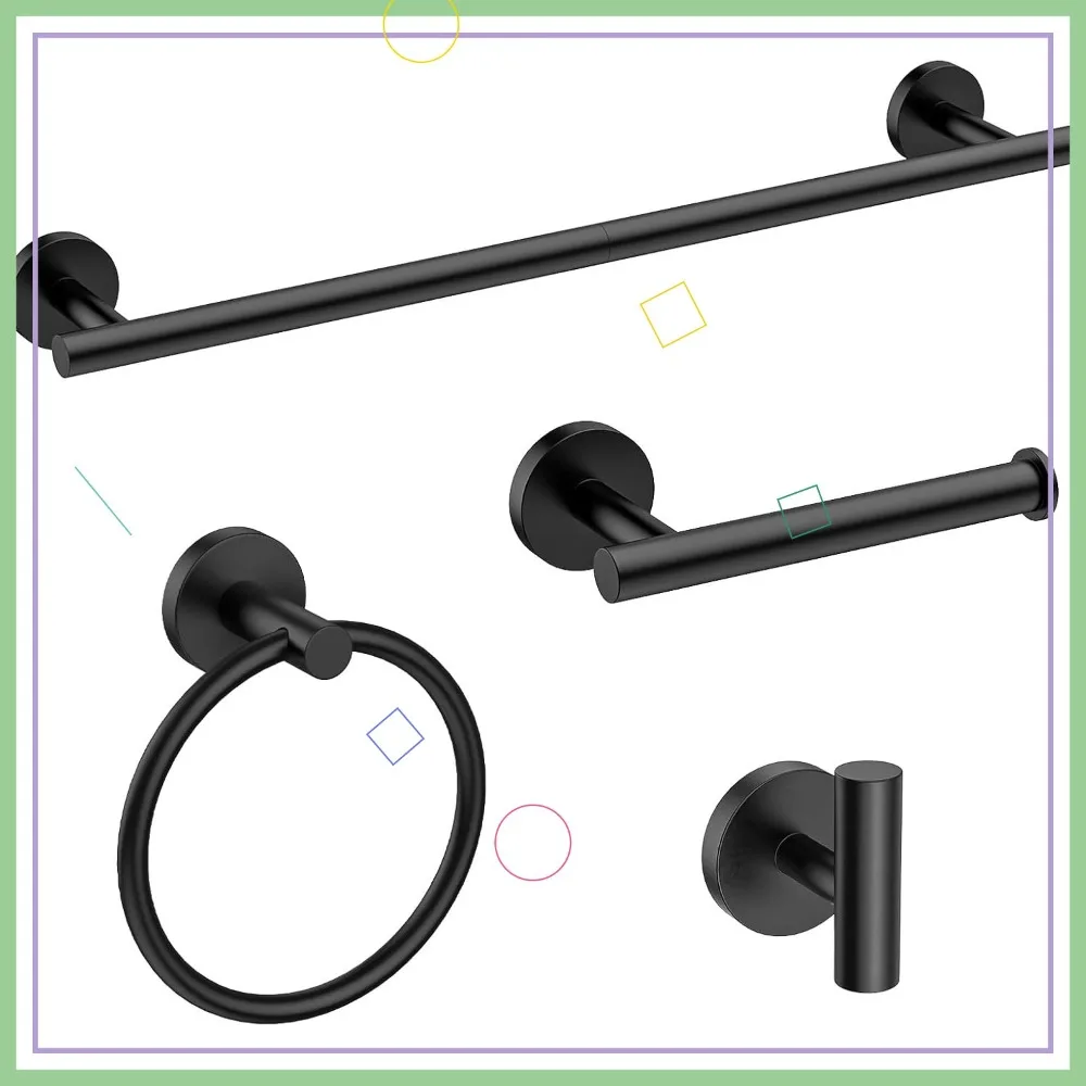 

Матовый черный набор для ванной комнаты из 4 предметов: держатель для полотенец 24 дюйма, фурнитура из нержавеющей стали SUS304, современный настенный монтаж