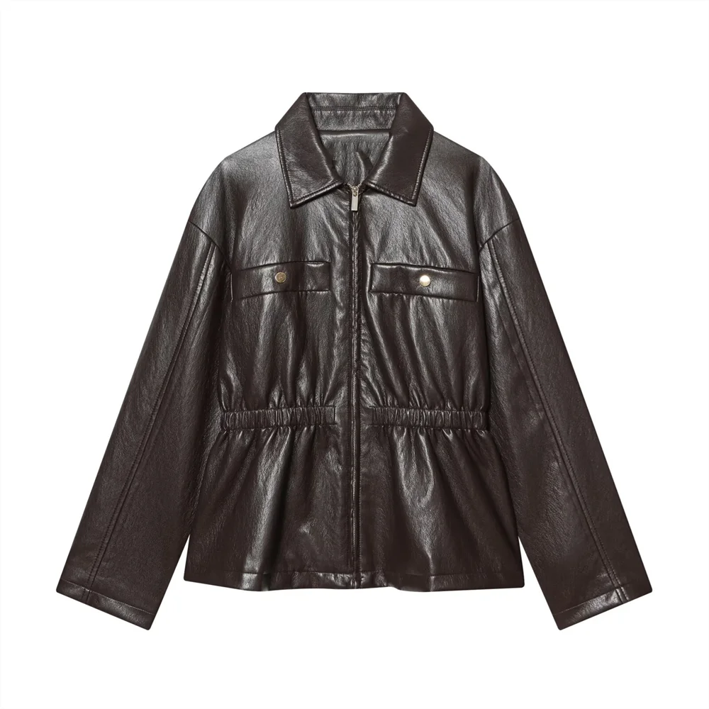2026 New Women's Fashion Long Sleeve Turn-Down Collar Elastic Waist Synthetic Leather Jacket Short Coat