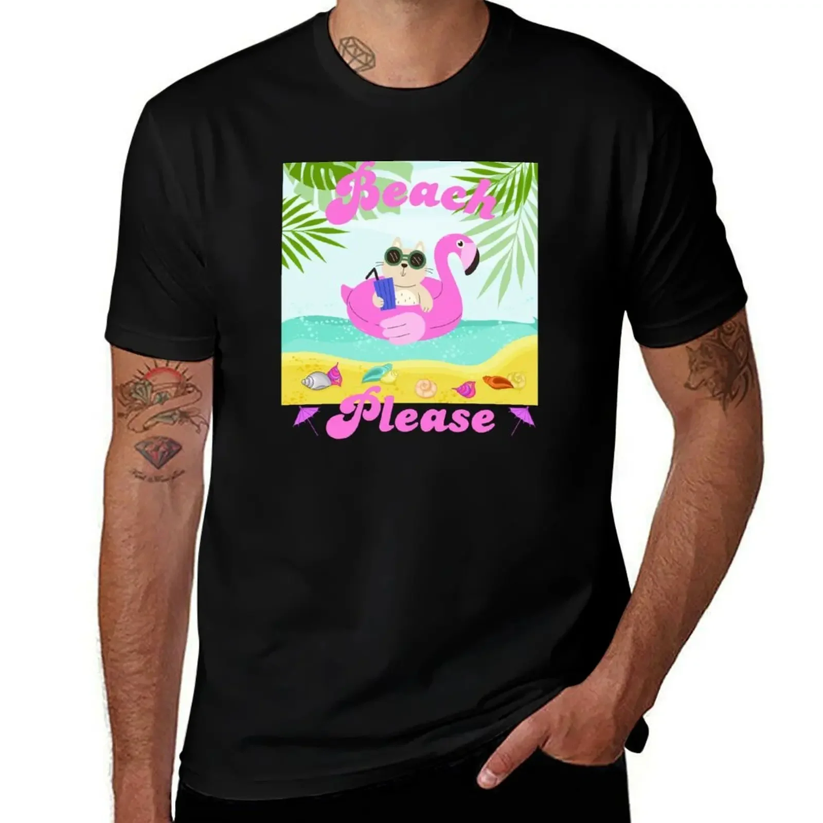 

Beach Please Funny Summer Shirt Cute Cat T-Shirt aesthetic clothes luxury t-shirt quick-drying blue archive men clothes