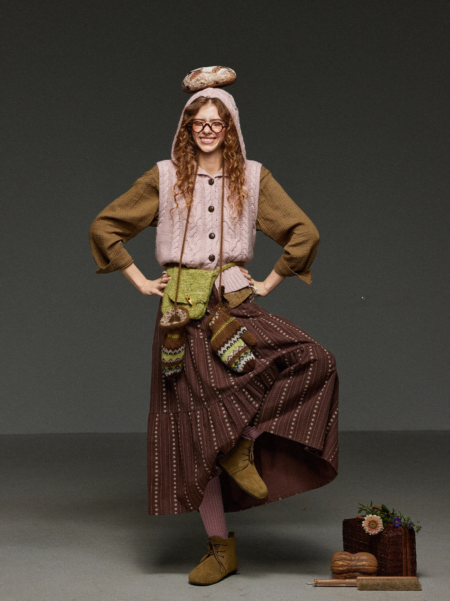 

Retro Loose Fit Floral Print Elastic Waist Vertical Stripe f-length Skirt Women's Casual Versatile Slimming Long Skirt