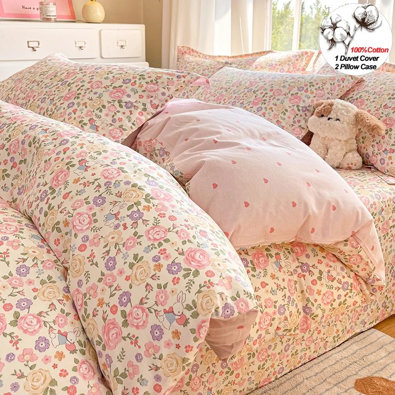 

Комплект постельного белья из 100% хлопка, комплект пододеяльников из 3 предметов (1 пододеяльник, 2 наволочки), цветочный стиль, комфорт, можно стирать в машине, разные размеры