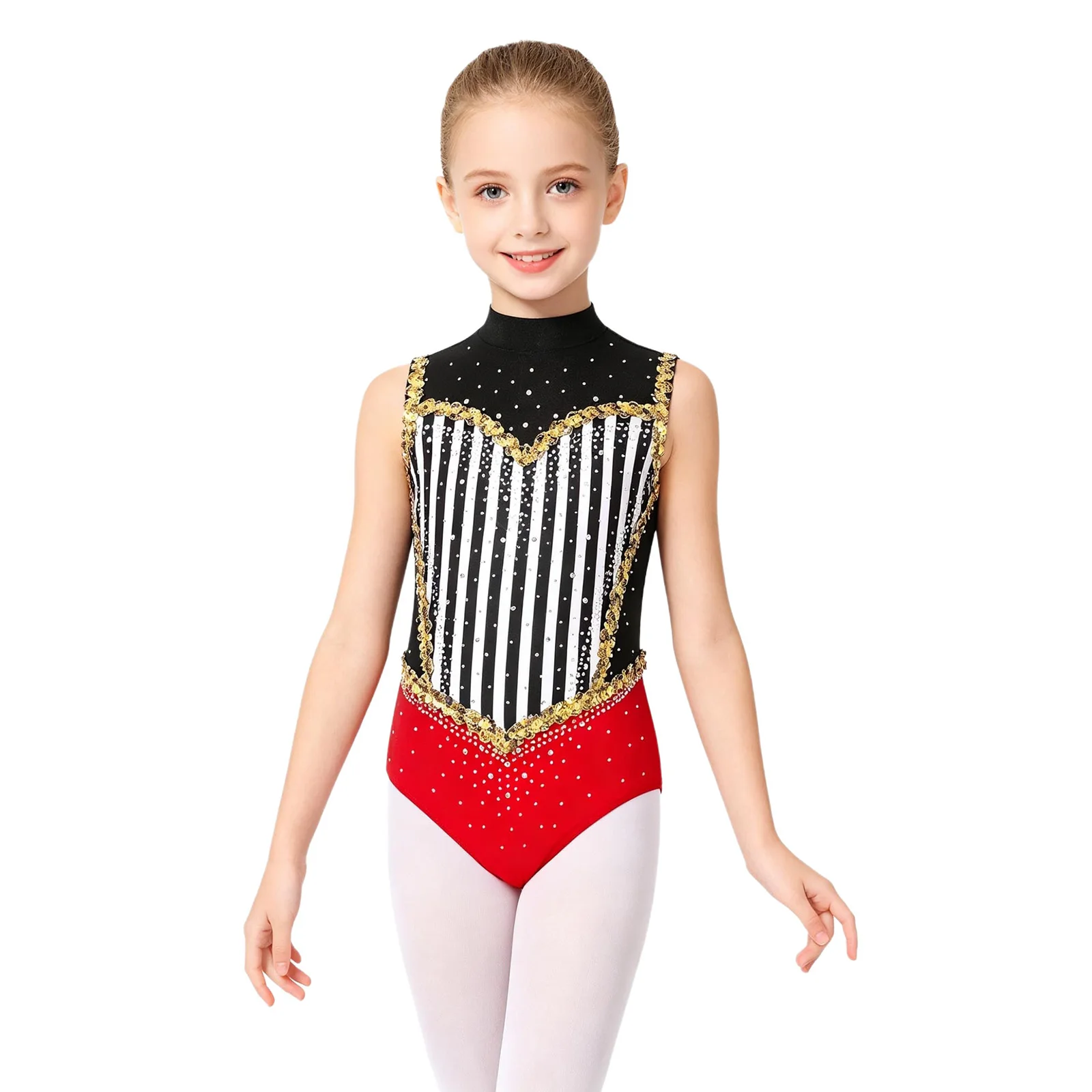 

Kids Girls Circus Ringmaster Bodysuit Glitter Sequins Rhinestones Sleeveless Color Blocking Leotard Ballet Latin Dance Jumpsuit