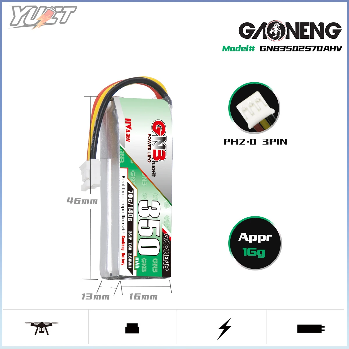 YUCT GNB 2S LiPo Batteria 350mAh LiHV 7.6V PH2.0 70C/Max140C Batteria Al Litio Per FPV Drone Quadcopter Scala 1/28 Mini RC Auto