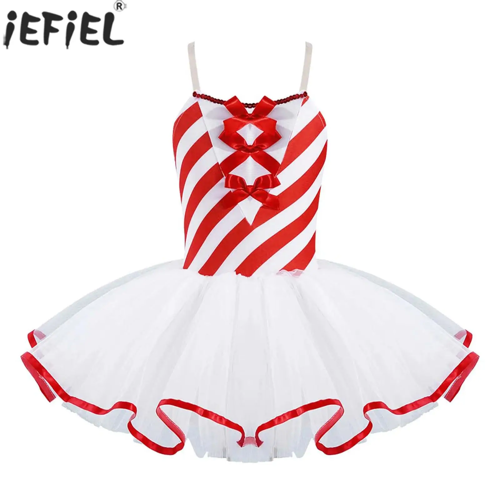 Kids Girls Christmas New Year Party Dress Sleeveless Stripe Mesh Tutu for Figure Skating Gymnastics Ballet Dance Performance